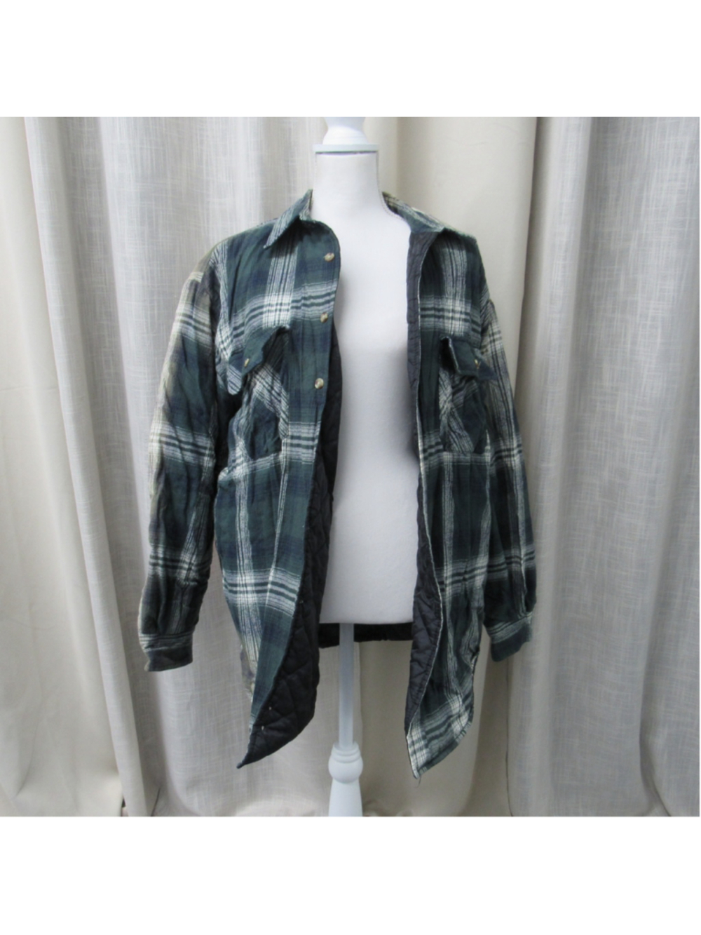 David Taylor Quilted Lined Flannel Shirt Jacket Men's L Green Black Plaid VTG